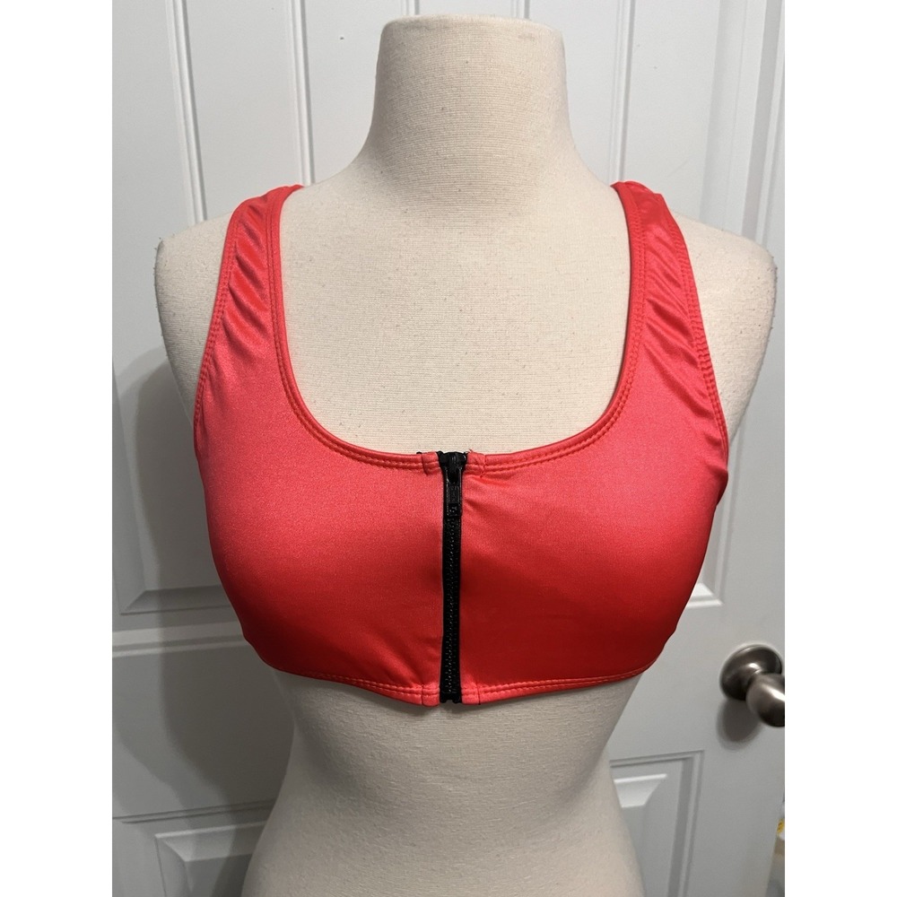 Vintage 90s Bikini Top Coral Pink Black Zip 7/8 Workout Sports Bra Shiny 043